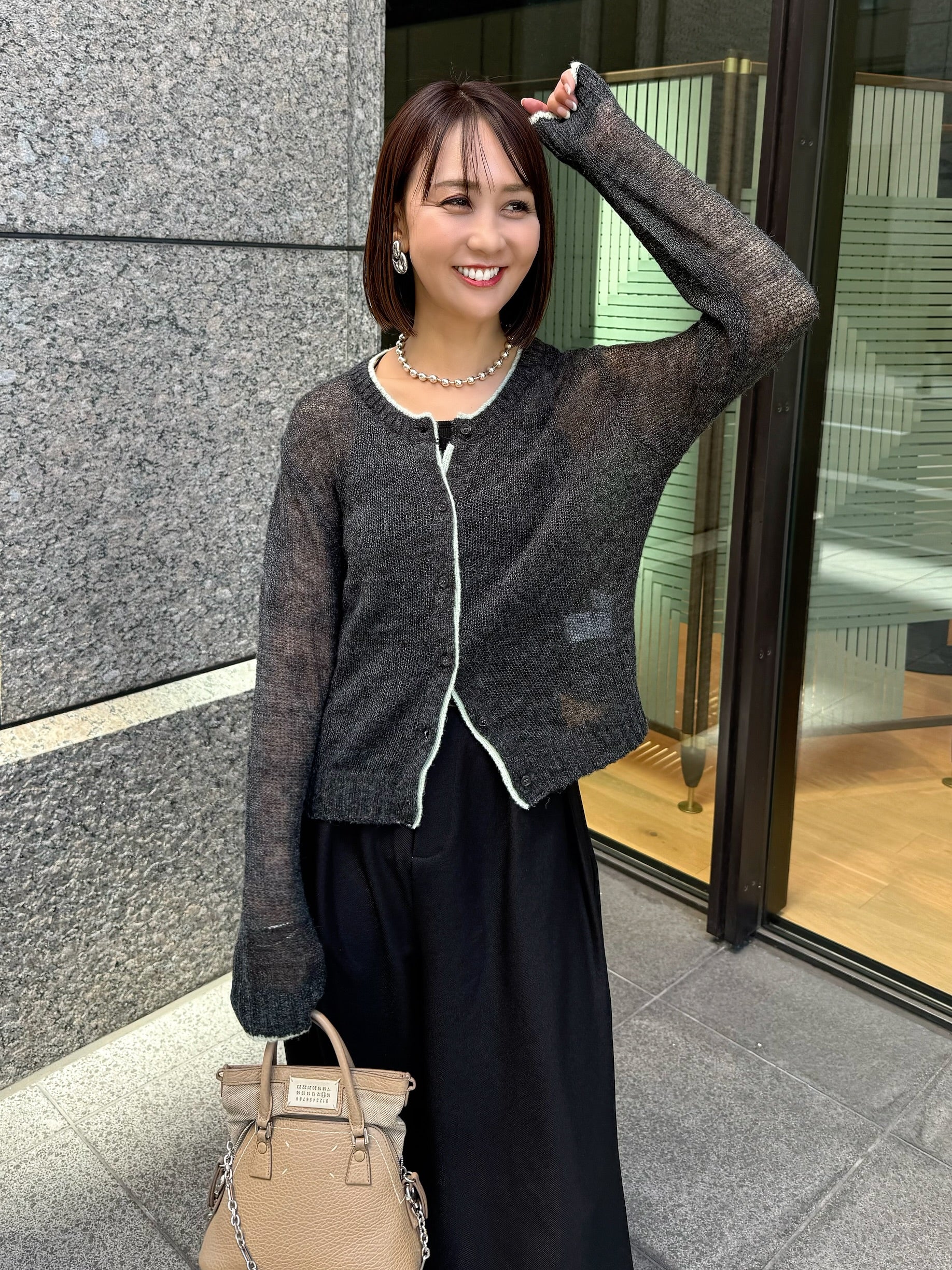 シアー配色カーディガン / チャコール – fosie