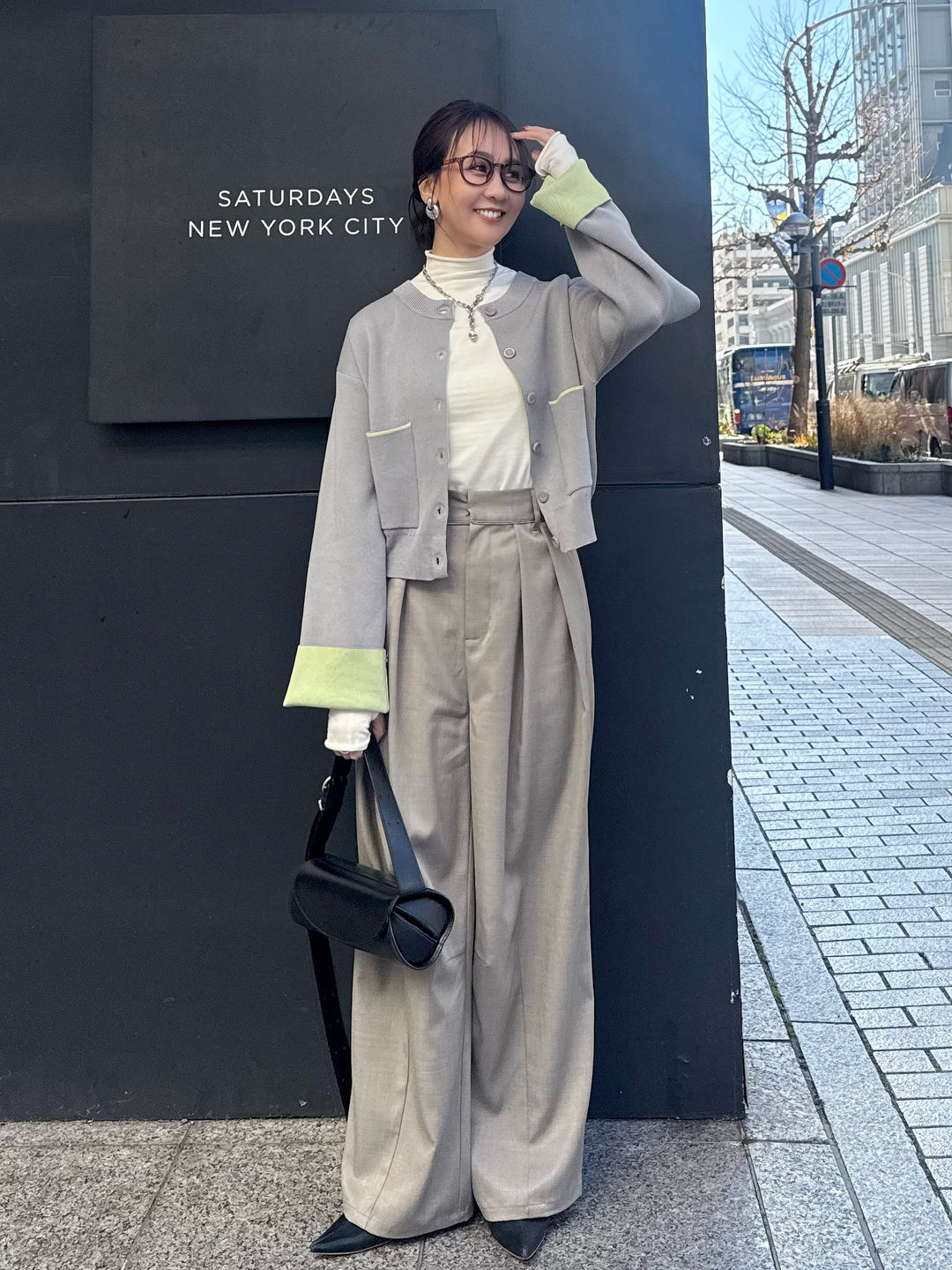 【予約】[SET] 配色ダブルフェイスカーディガン / グレー×ライム + ウエストパイピングワイドパンツ / グレージュ(4月上旬発送予定)