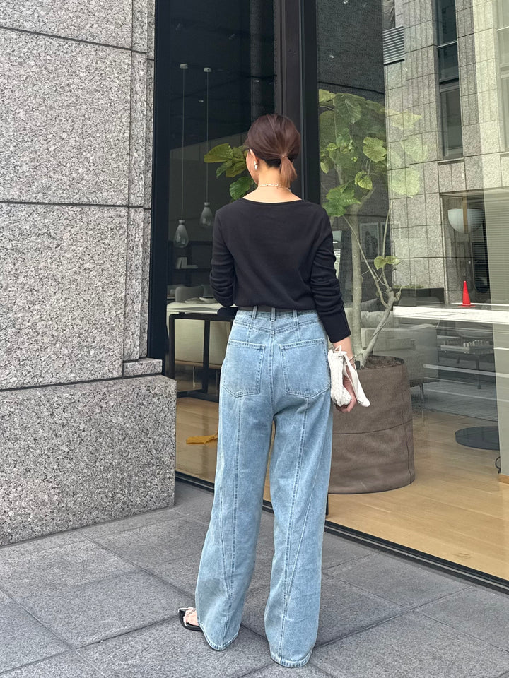 [新作300円OFF] [SET]起毛ドレープロングTシャツ / ブラック + 切替えストレートデニムパンツ / ブルー