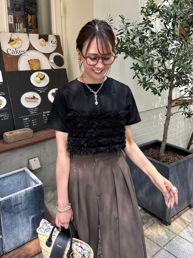 チュールフリルビスチェ見えTシャツ / ブラック – fosie