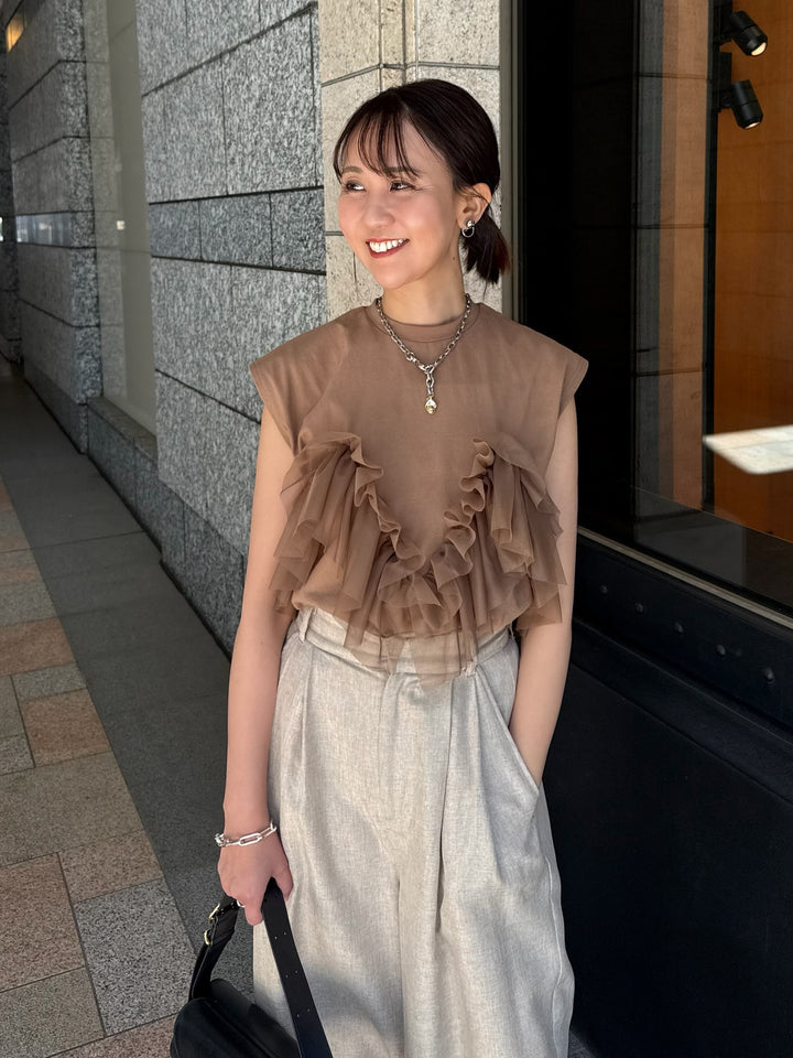 チュールフリルフレンチTシャツ / ブラウン