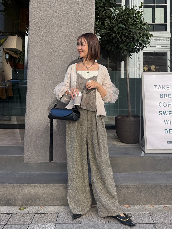 【予約】[3点SET] 袖チュールカーディガン / ミルクティー + サマーツイードプリーツキャミ / ブラウン + サマーツイードタックパンツ / ブラウン(2月中旬頃発送予定)