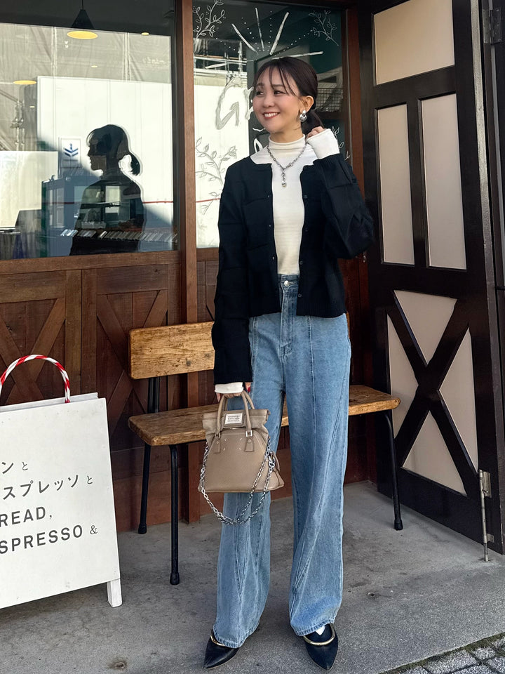 【予約】[SET] 格子ニットカーディガン + 切替えストレートデニムパンツ / ブルー(2月上旬発送予定)