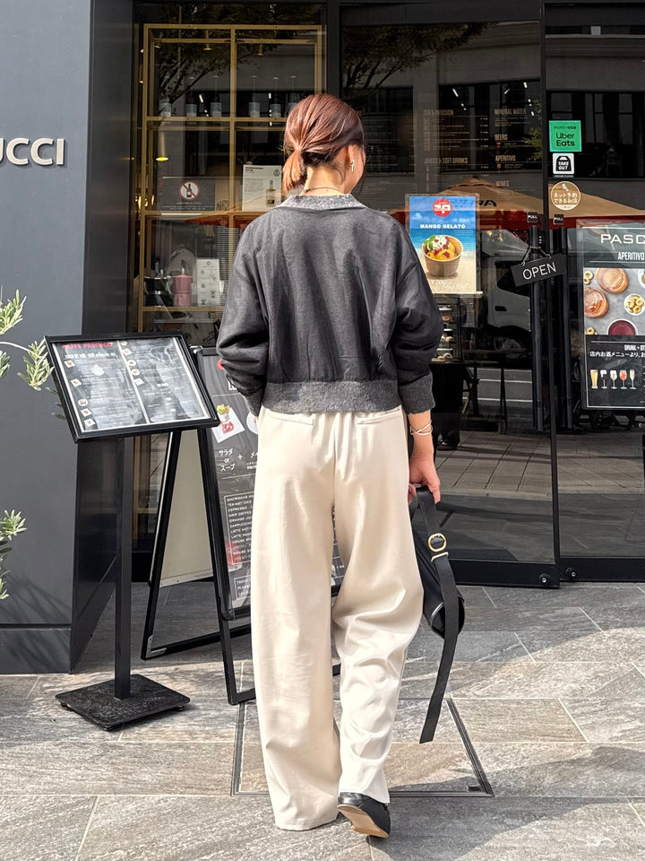 [SET] チュールニットカーディガン / ブラック + ツイルタックストレートパンツ / エクリュ