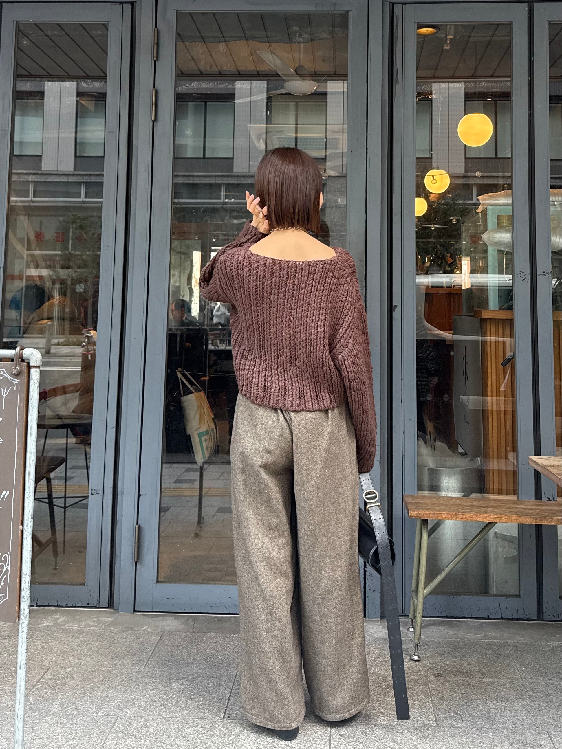 SET] チャンキークロップドニット / ブラウン + ツイードパイピング