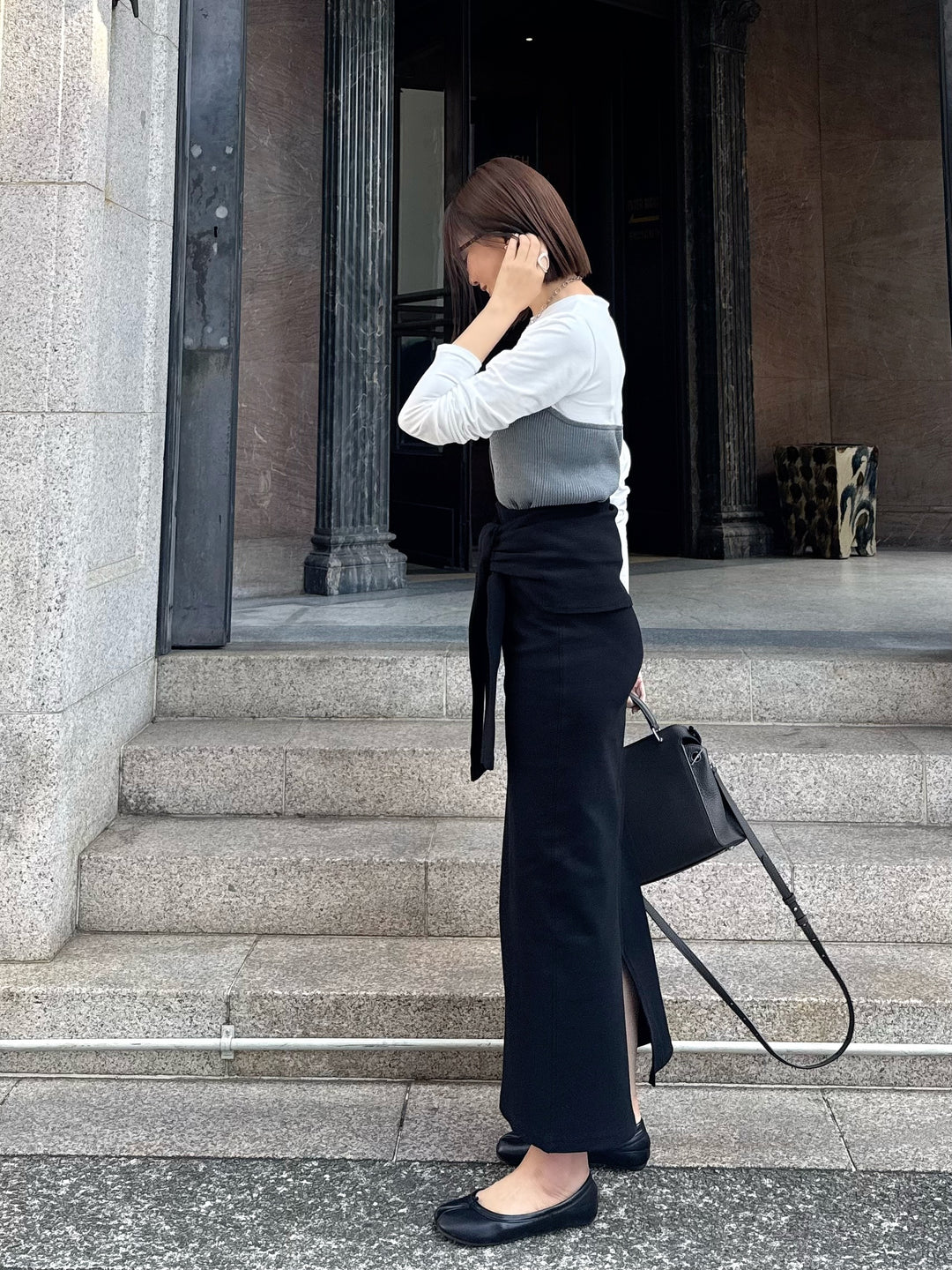 [新作300円OFF] カットリブ腰巻き風スカート / ブラック