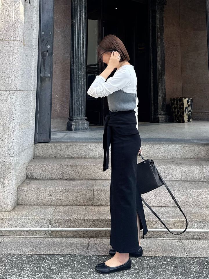 [新作300円OFF] カットリブ腰巻き風スカート / ブラック