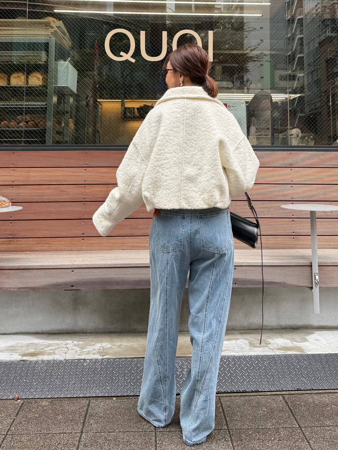 [SET] ループツイードショートジャケット / アイボリー + 切替えストレートデニムパンツ / ブルー