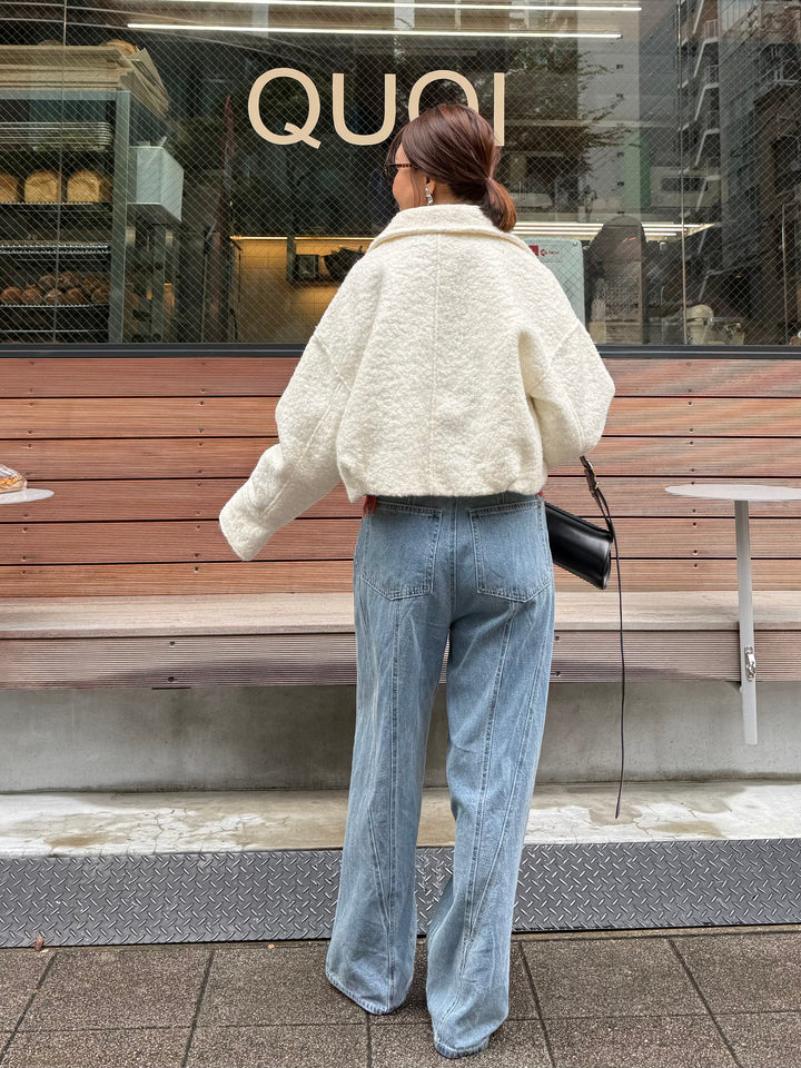 [SET] ループツイードショートジャケット / アイボリー + 切替えストレートデニムパンツ / ブルー