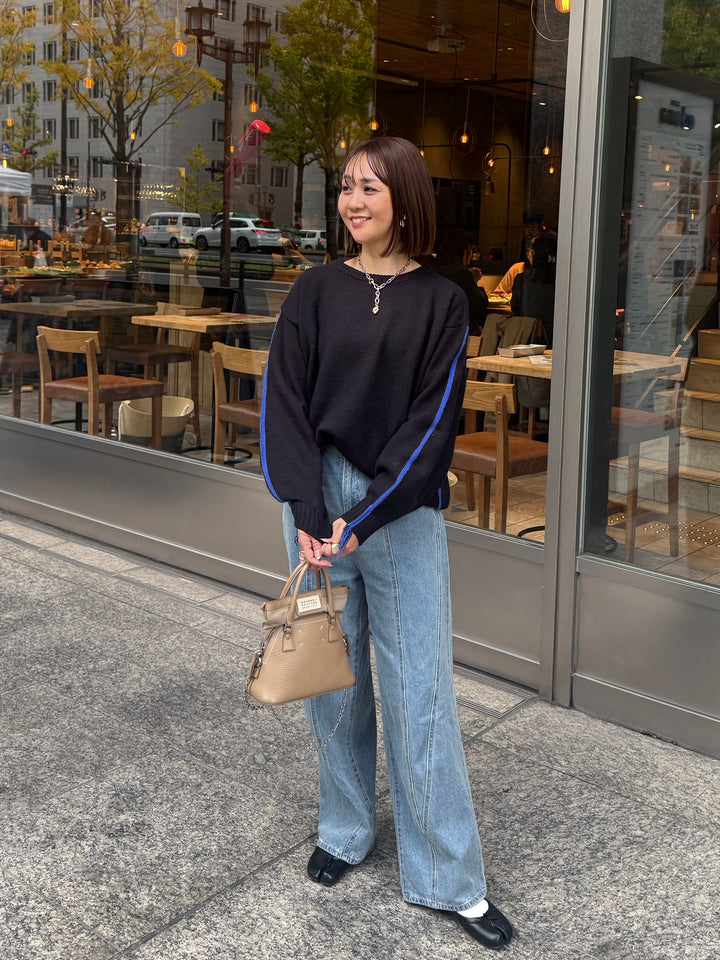 アルパカタッチ配色ラインプルオーバー / ブラック