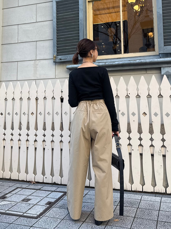 【予約】[SET]ドレープロングTシャツ / ブラック + ツイルタックワイドパンツ / ベージュ(2月下旬発送予定)