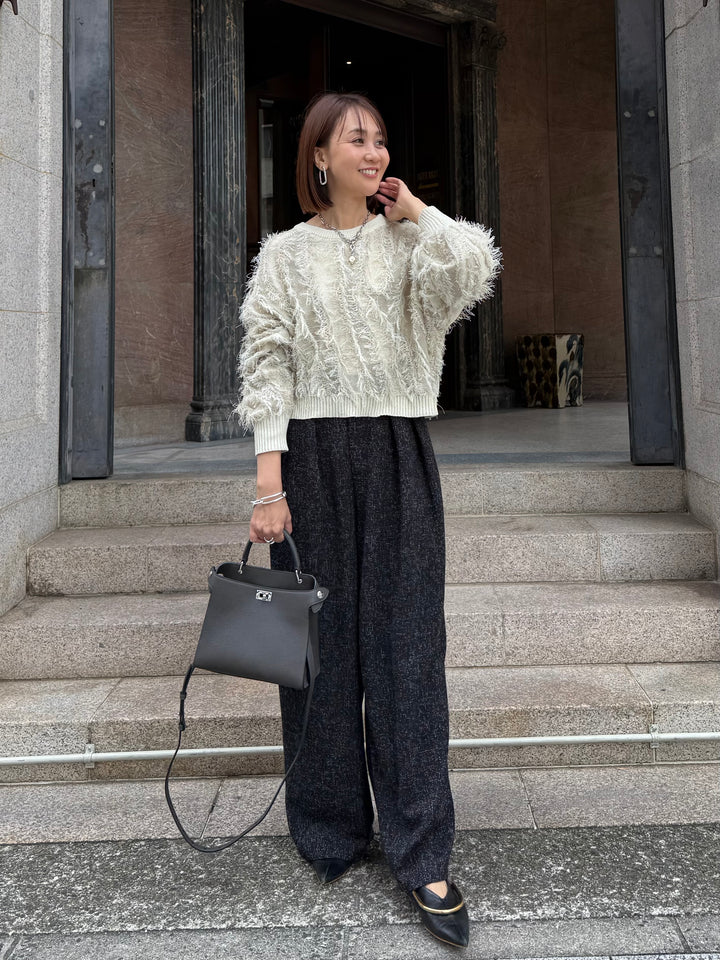 【予約】[SET] 麻タッチフリンジニットショート丈プルオーバー/ アイボリー + サマーツイードタックパンツ / ブラック(2月中旬発送予定)