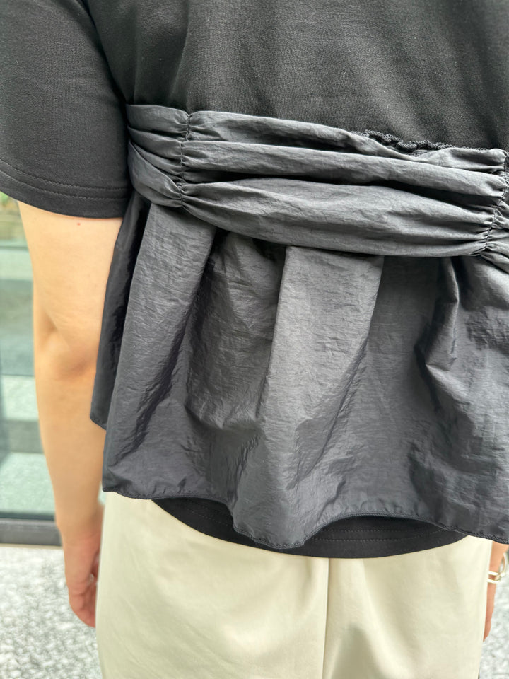 [新作300円OFF] 異素材ドッキングツイストTシャツ / ブラック