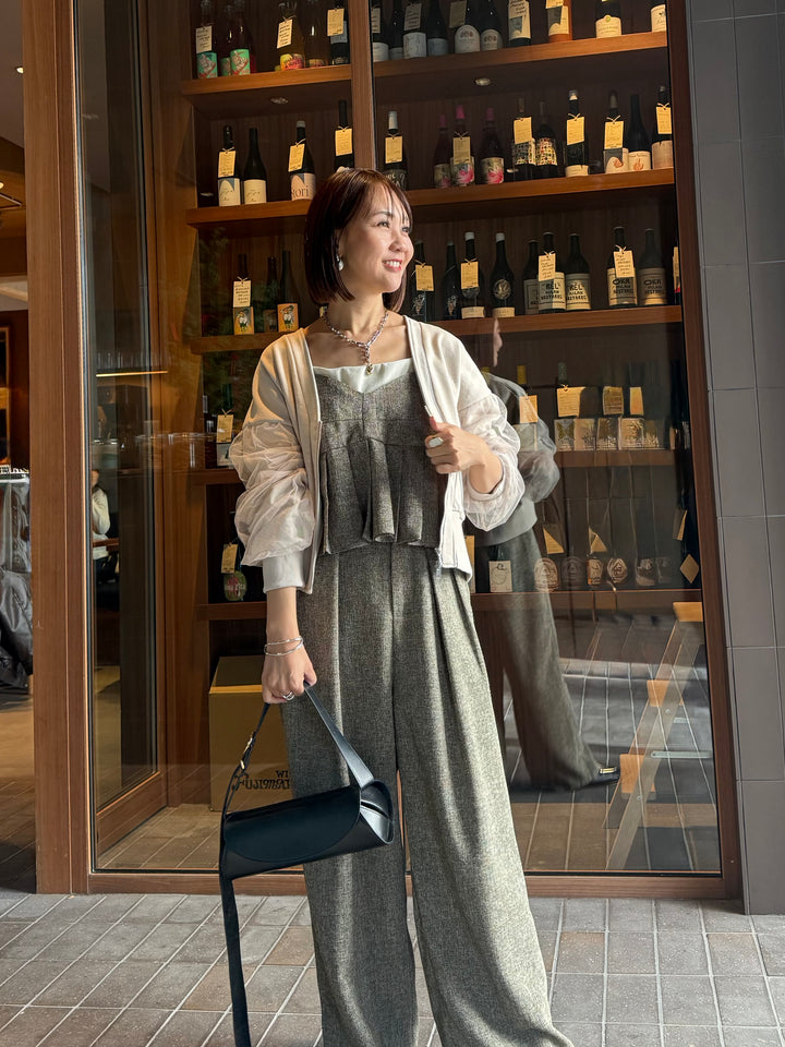 【予約】[3点SET] 袖チュールカーディガン / ミルクティー + サマーツイードプリーツキャミ / ブラウン + サマーツイードタックパンツ / ブラウン(2月中旬頃発送予定)