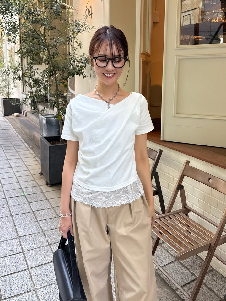 [新作300円OFF] レースレイヤードドレープTシャツ / オフホワイト
