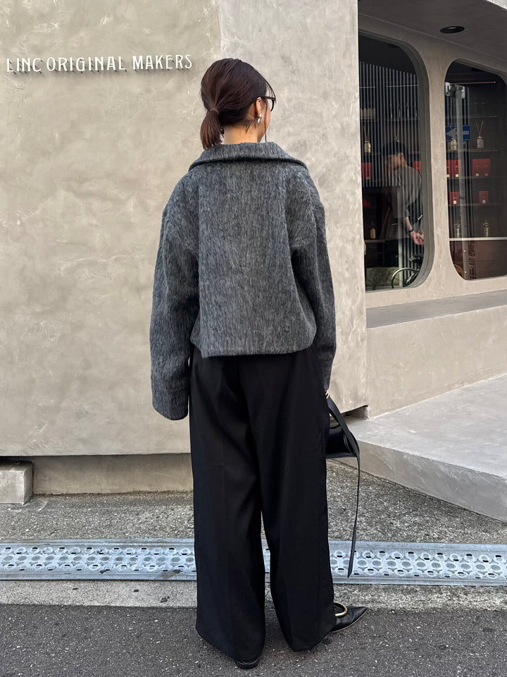 [SET] シャギーショートジャケット / グレー + ツイルタックパンツ / ブラック