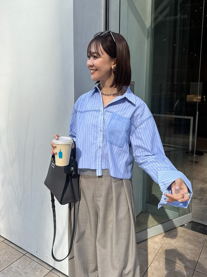 [新作300円OFF] チュールショート丈ストライプシャツ / ブルー