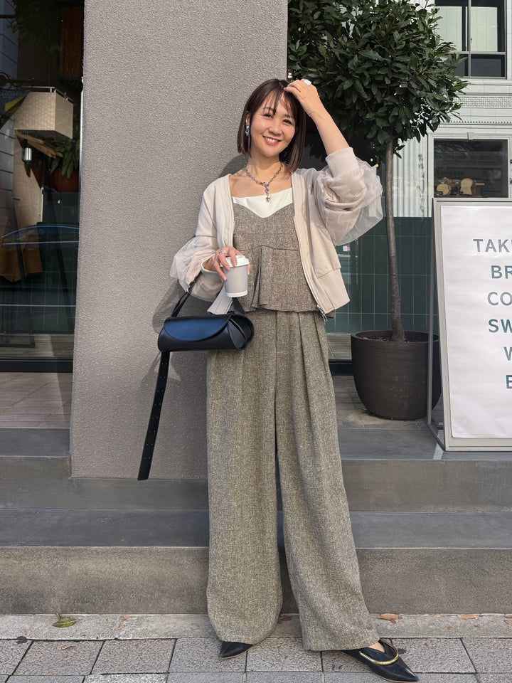【予約】[3点SET] 袖チュールカーディガン / ミルクティー + サマーツイードプリーツキャミ / ブラウン + サマーツイードタックパンツ / ブラウン(2月中旬頃発送予定)