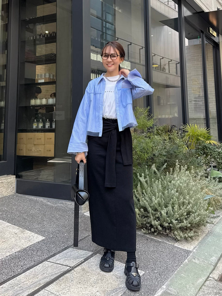 [新作300円OFF] カットリブ腰巻き風スカート / ブラック