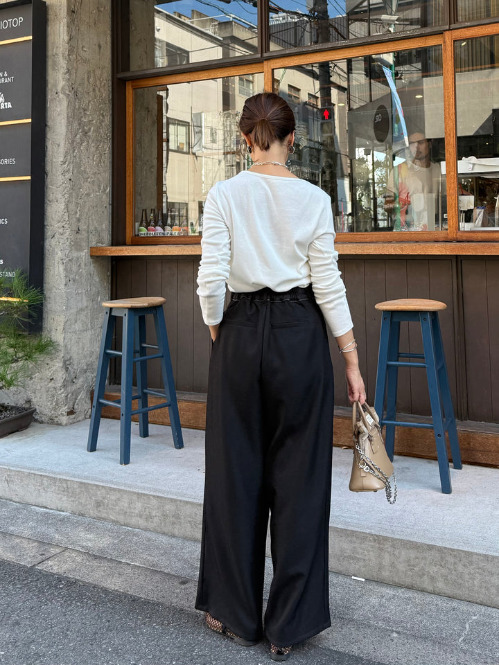 [新作300円OFF] 【予約】[SET]起毛ドレープロングTシャツ / ホワイト + ウエストパイピングワイドパンツ / ブラック(9月上旬発送予定)