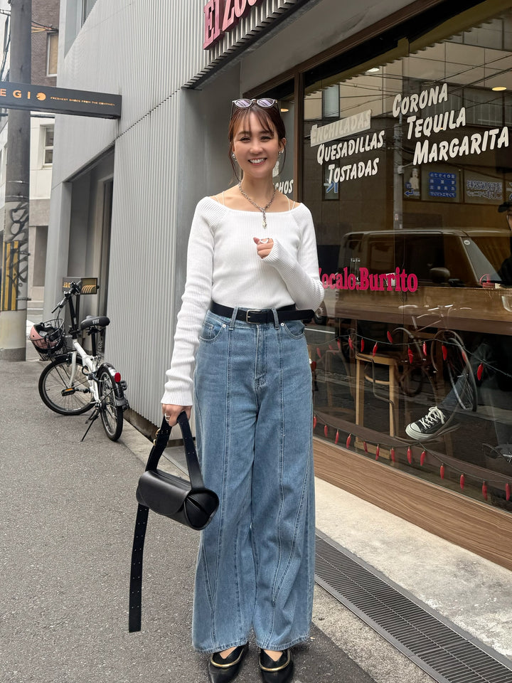 [SET]【予約】スクエアネックリブニットプルオーバー  / オフホワイト + 切替えストレートデニムパンツ / ブルー(3月下旬発送予定)