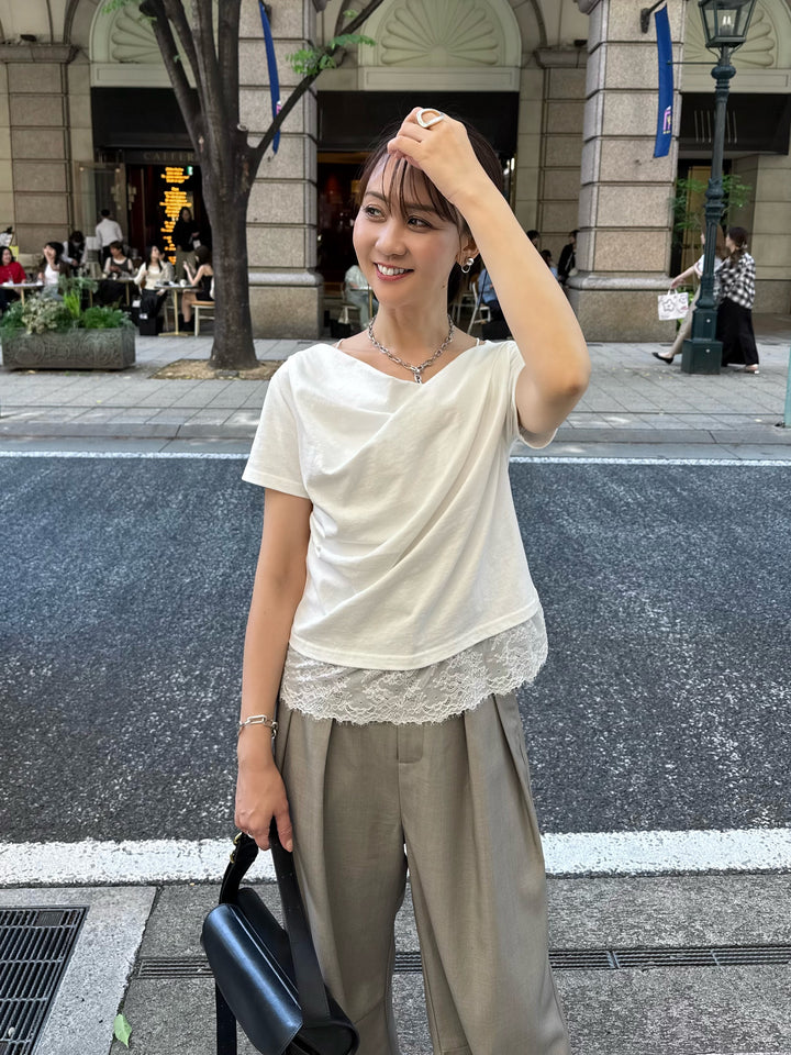 [新作300円OFF] レースレイヤードドレープTシャツ / オフホワイト