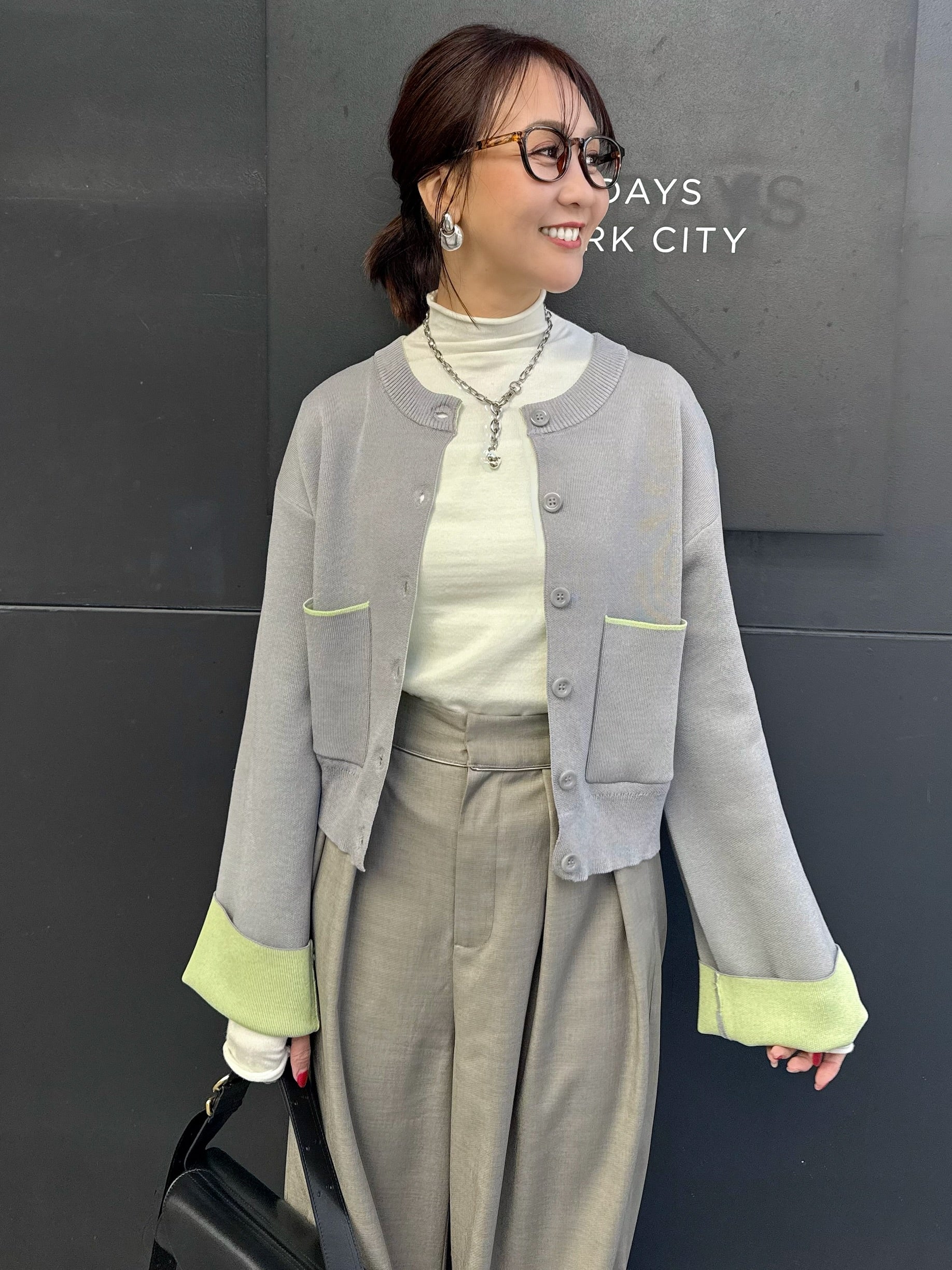 新作300円OFF] 【予約】配色ダブルフェイスカーディガン / グレー