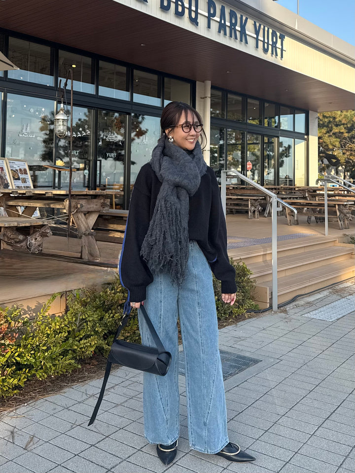 アルパカタッチ配色ラインプルオーバー / ブラック