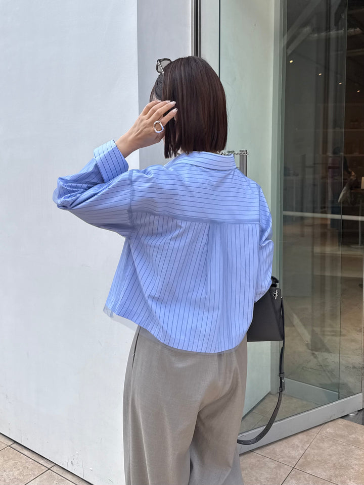 [新作300円OFF] チュールショート丈ストライプシャツ / ブルー