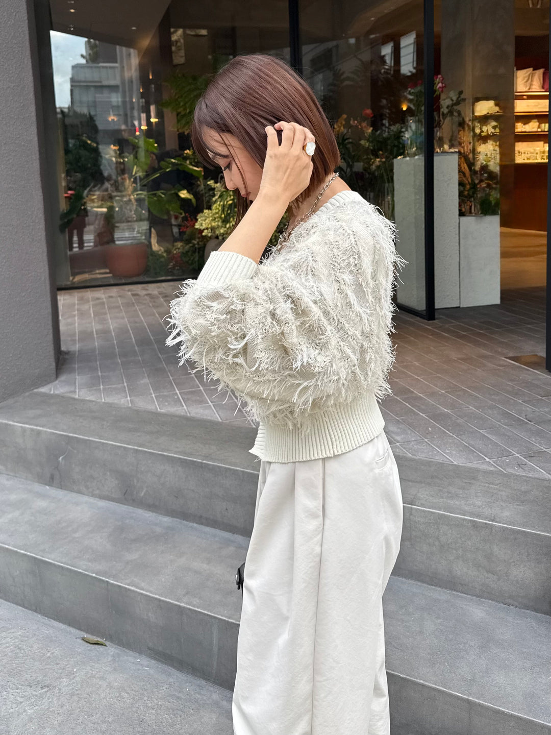 【予約】麻タッチフリンジニットショートカーデ / アイボリー(2月上旬発送予定)