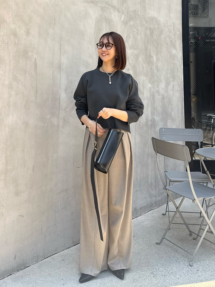 【予約】[SET] クロップド丈ダンボールニット /チャコール + ウエストパイピングワイドパンツ / グレージュ(4月上旬発送予定)