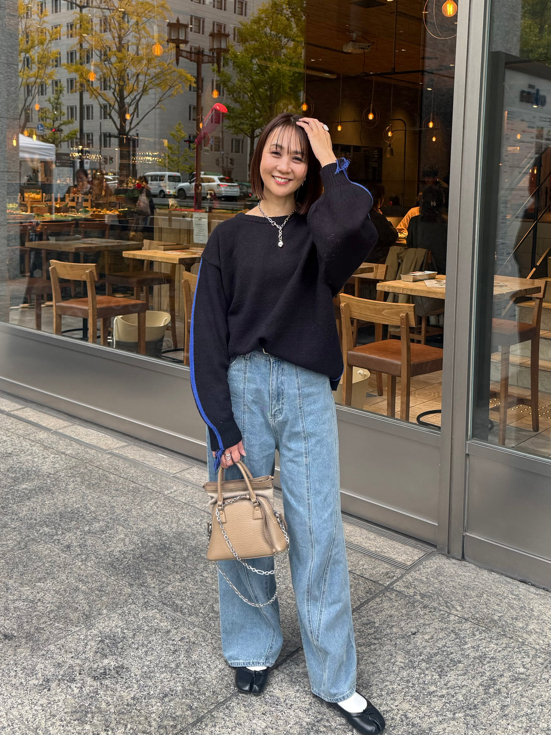 アルパカタッチ配色ラインプルオーバー / ブラック