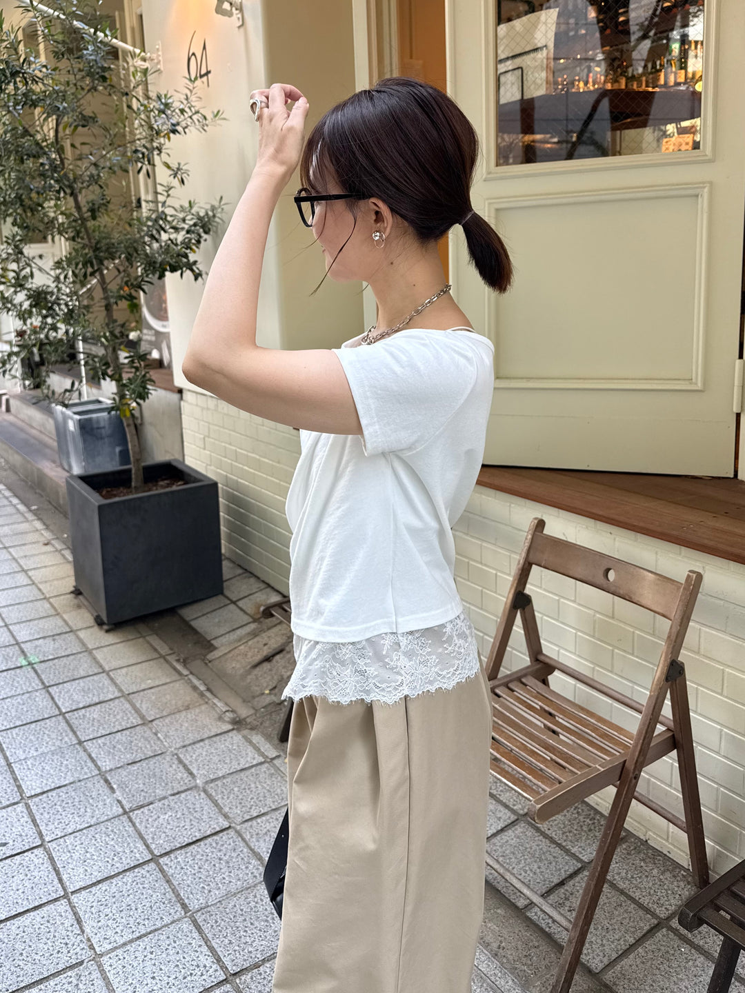 [新作300円OFF] レースレイヤードドレープTシャツ / オフホワイト