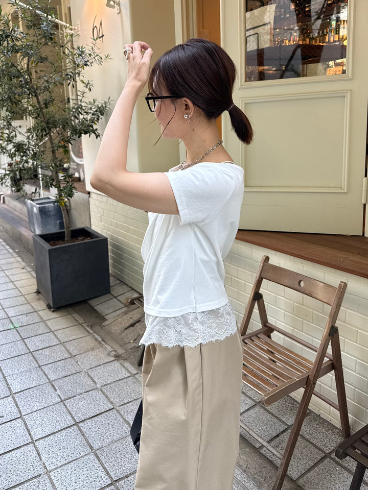 [新作300円OFF] レースレイヤードドレープTシャツ / オフホワイト