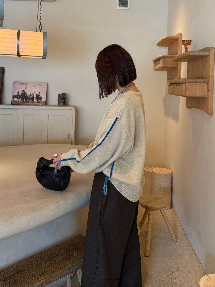 アルパカタッチ配色ラインプルオーバー / アイボリー