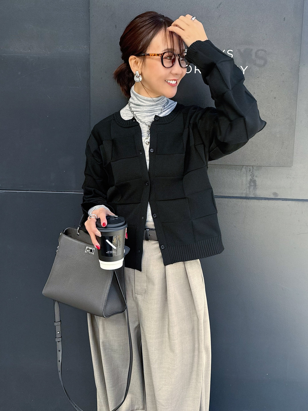 【予約】格子ニットカーディガン / ブラック(3月上旬発送予定)