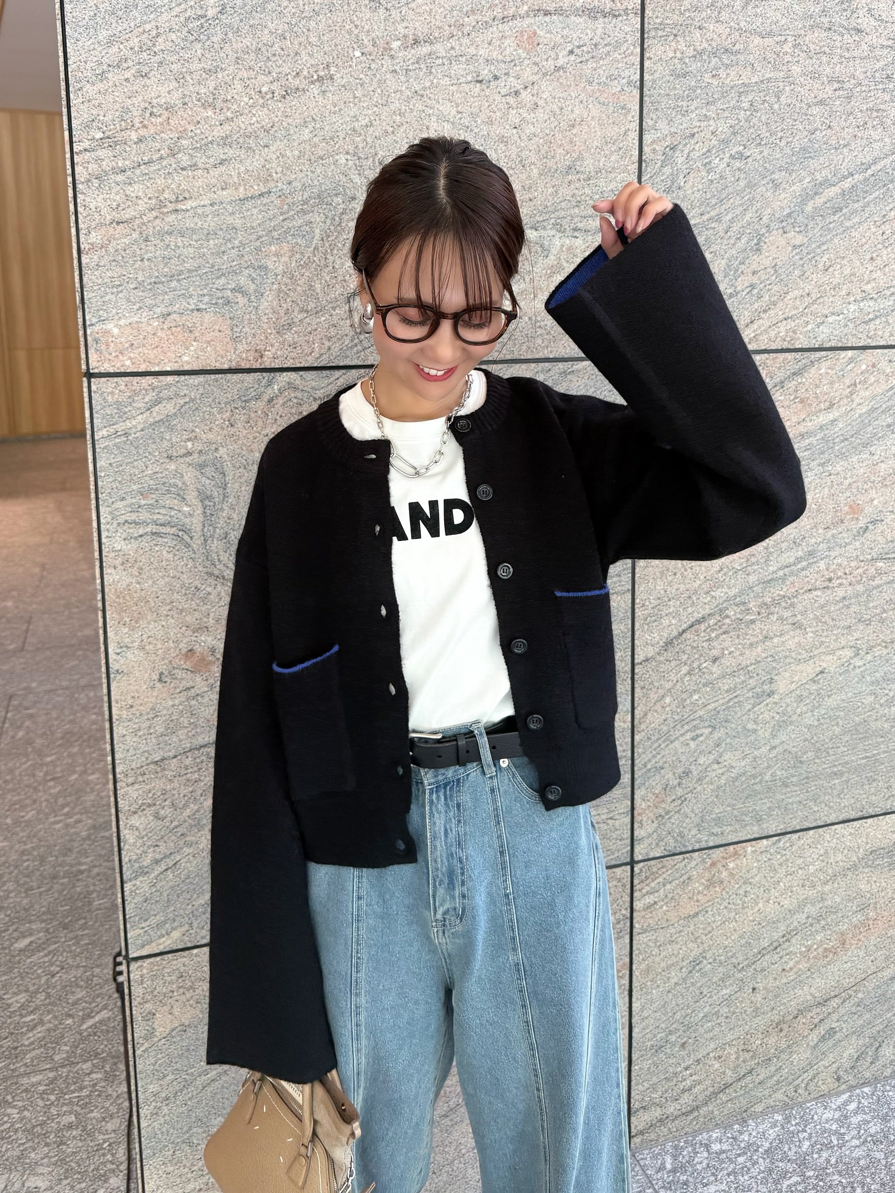 予約】アルパカタッチバイカラーカーディガン / ブラック(12月