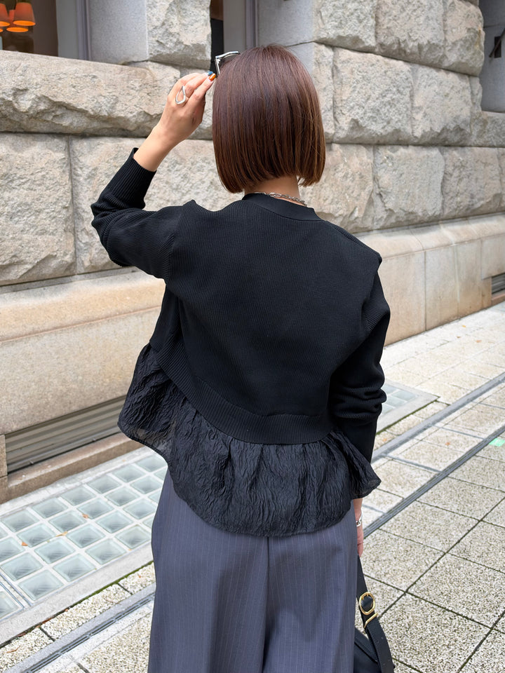 [新作300円OFF] ジャガードドッキングニットカーディガン / ブラック