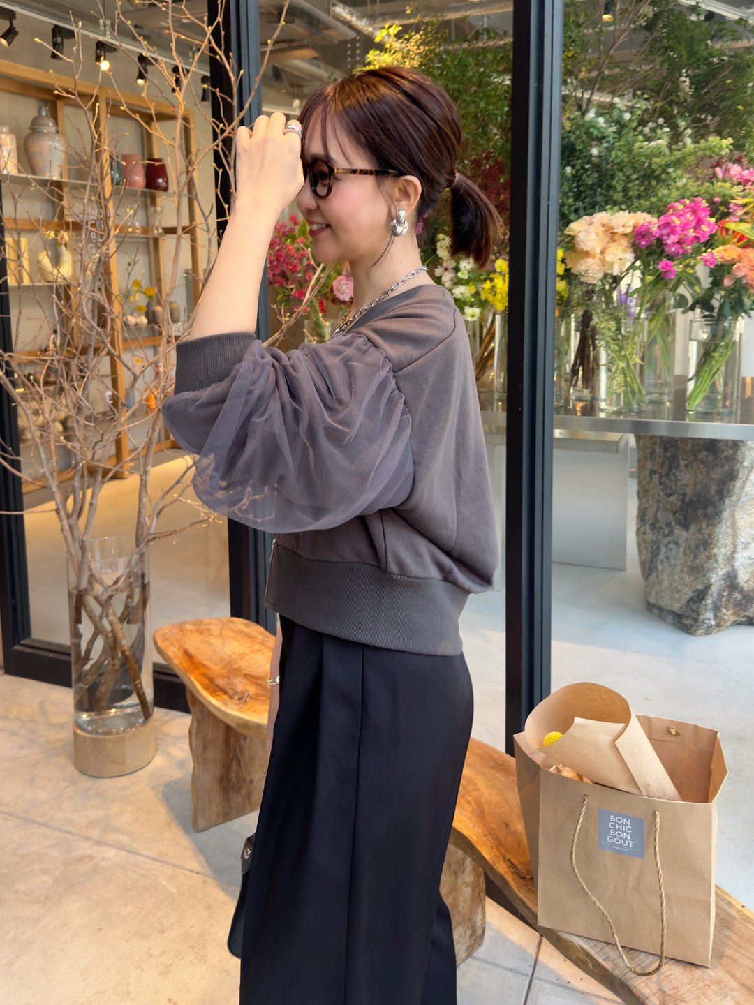 袖チュールカーディガン / チャコールグレイ