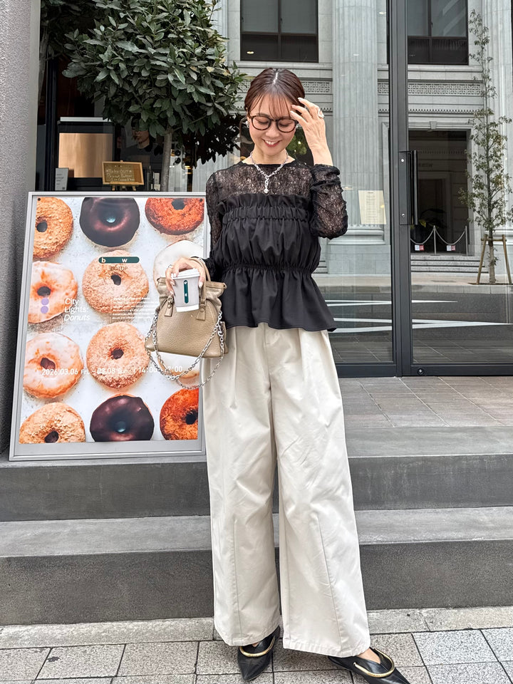 【予約】[3点SET] 袖ギャザーレーストップス / ブラック + ギャザービスチェ / ブラック + ツイルタックワイドパンツ / アイボリー(4月中旬発送予定)