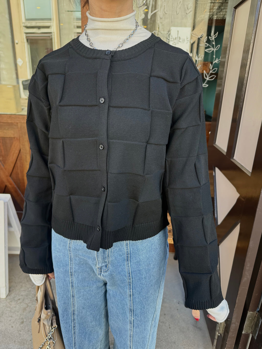 【予約】格子ニットカーディガン / ブラック(3月上旬発送予定)