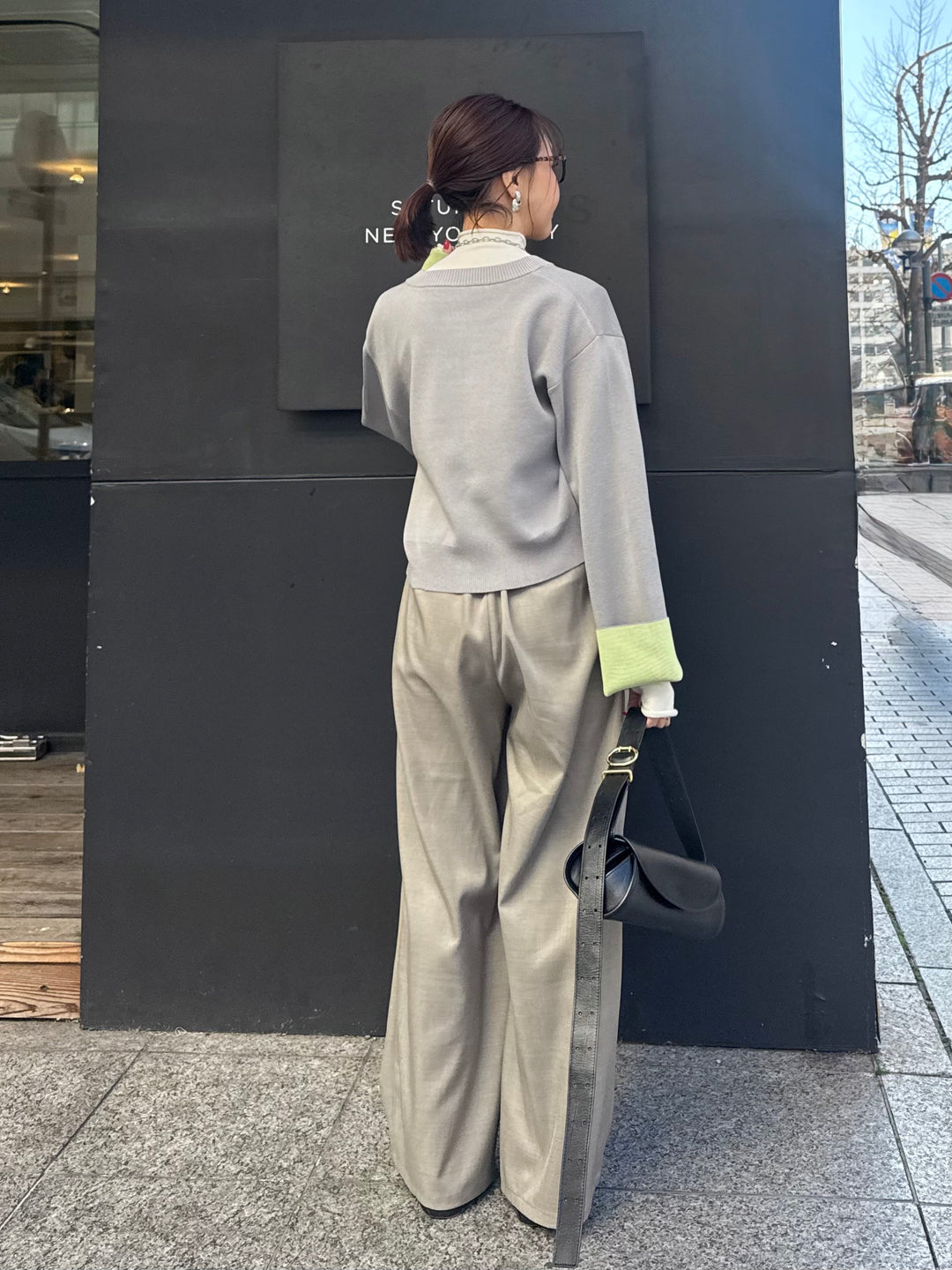 【予約】[SET] 配色ダブルフェイスカーディガン / グレー×ライム + ウエストパイピングワイドパンツ / グレージュ(4月上旬発送予定)