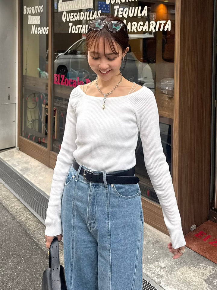 【予約】[SET]スクエアネックリブニットプルオーバー  / オフホワイト + カップ付きダブルストラップキャミソール / ホワイト(3月下旬発送予定)