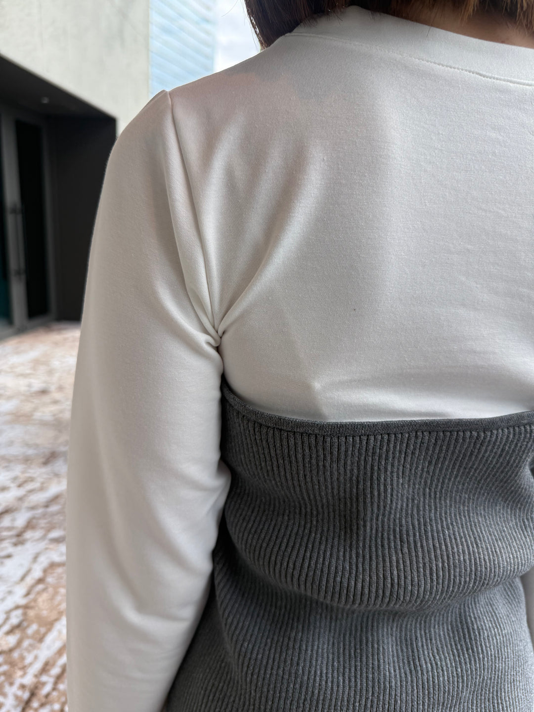 [新作300円OFF] リブニットビスチェドッキングTシャツ / オフホワイト×グレー