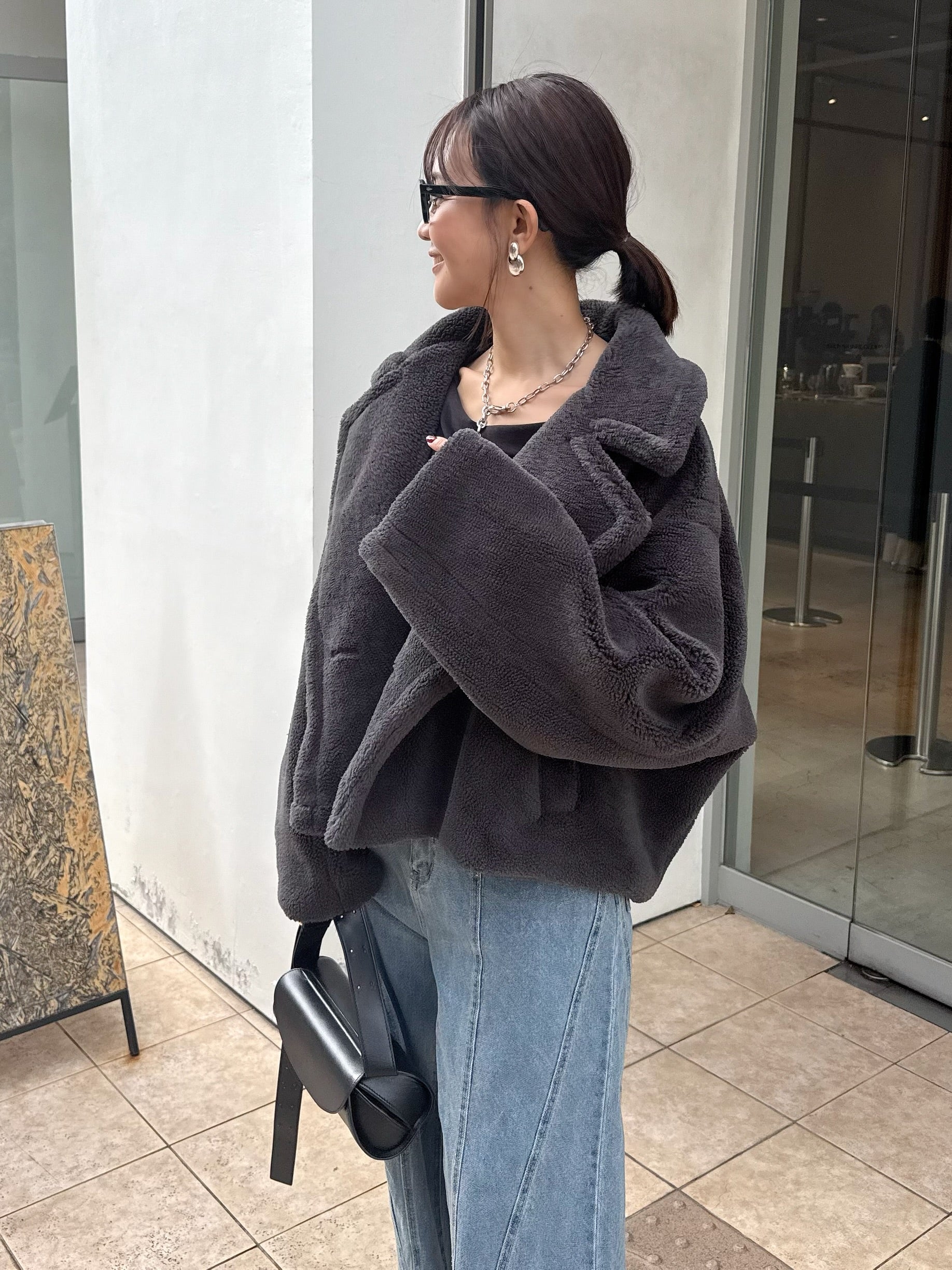 【美品】FOXEY NEW YORK ショートボレロジャケット チャコール 38 ジャケット 結婚式 ショート丈 スリットスリーブ デザイン ノーカラー