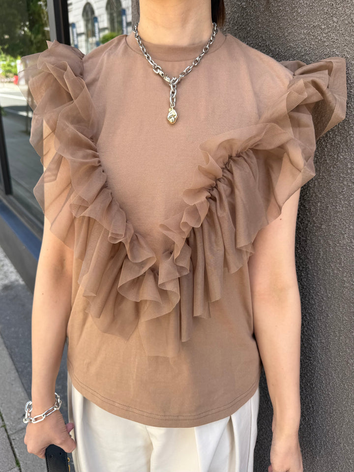 チュールフリルフレンチTシャツ / ブラウン