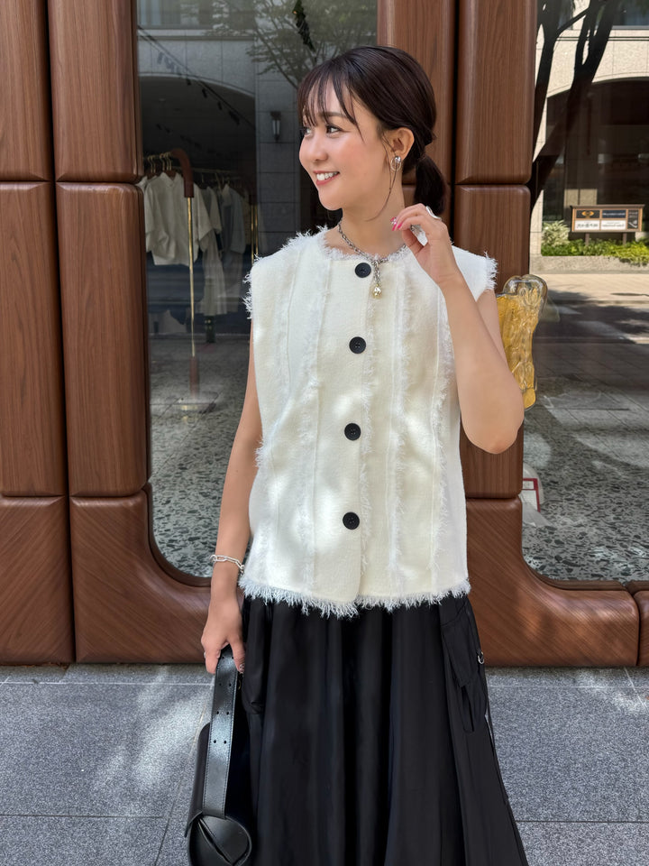 [新作300円OFF] フリンジリブノースリベスト / オフホワイト