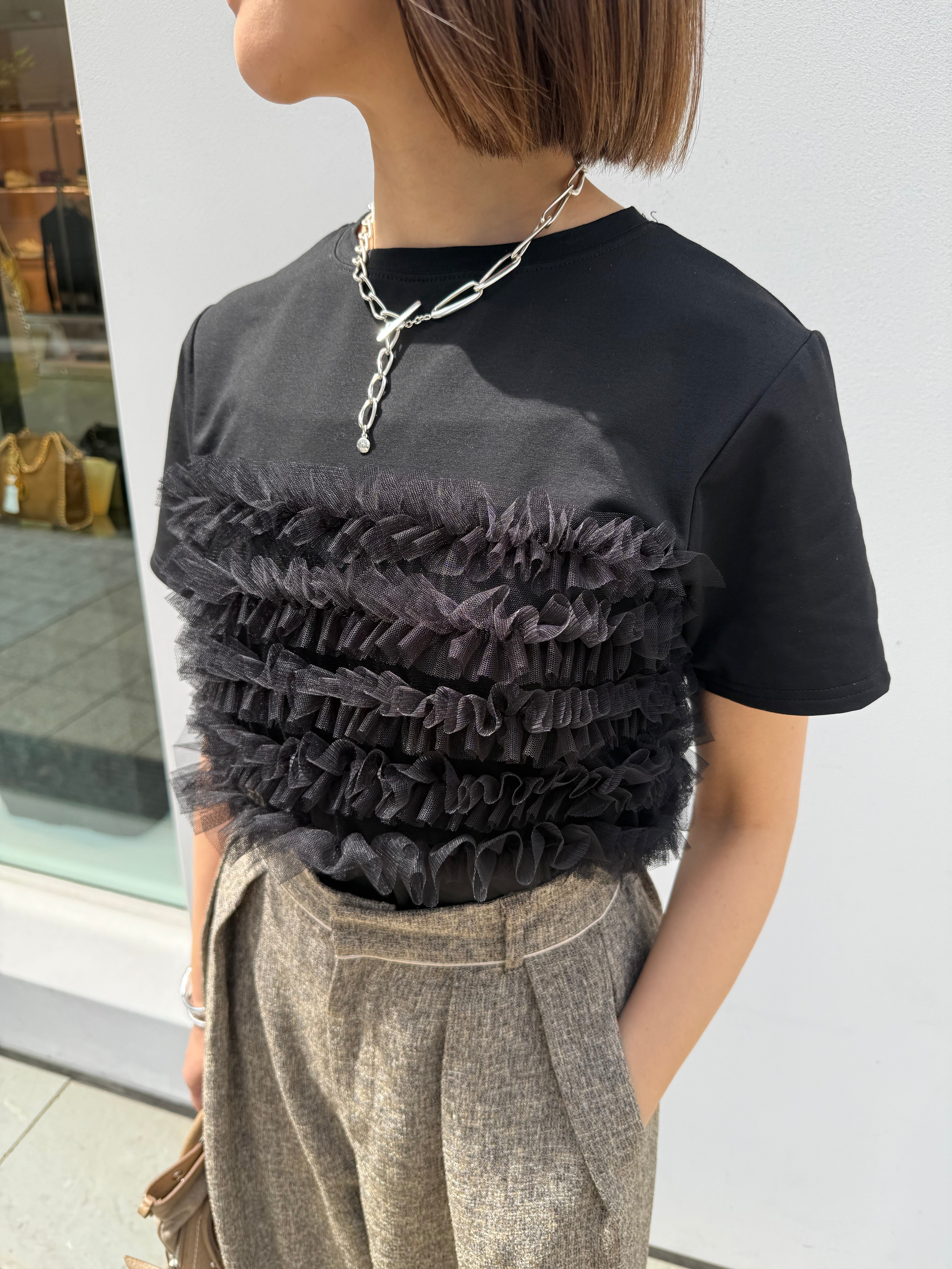 チュールフリルビスチェ見えTシャツ / ブラック – fosie