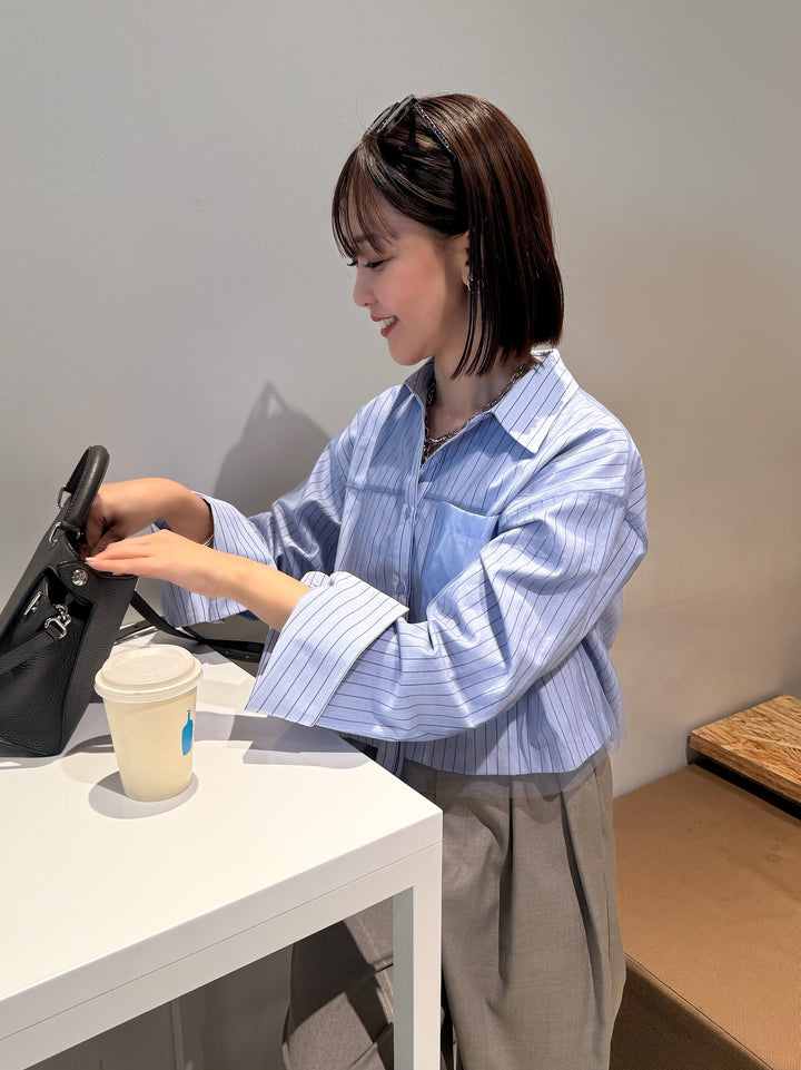 [新作300円OFF] チュールショート丈ストライプシャツ / ブルー