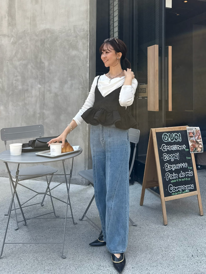 【予約】[SET]フリルヘムビスチェ / ブラック + 切替えストレートデニムパンツ / ブルー(5月下旬発送予定)